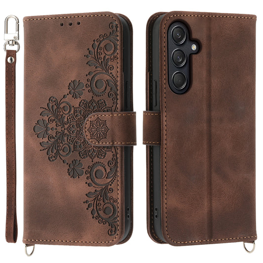 For Samsung Galaxy M55 5G Case Card Slots Wallet Leather Phone Cover with 2 Straps - Brown