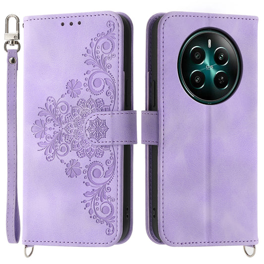For Realme 12 / Narzo 70 Pro 5G Case Card Slots Wallet PU Leather Cover Flower Pattern with Shoulder Strap - Light Purple