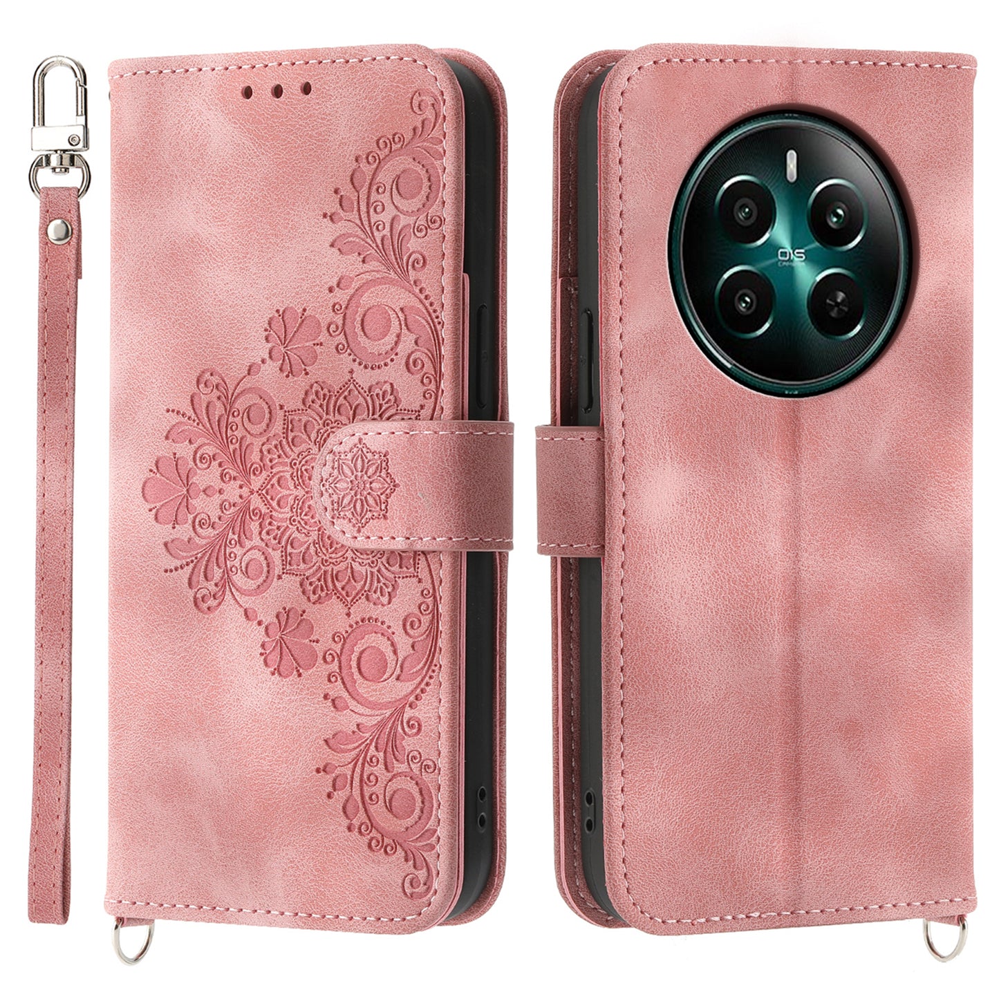 For Realme 12 / Narzo 70 Pro 5G Case Card Slots Wallet PU Leather Cover Flower Pattern with Shoulder Strap - Pink