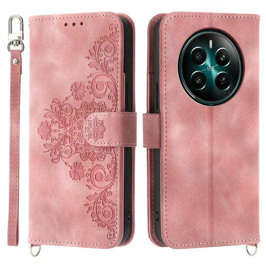 For Realme 12 / Narzo 70 Pro 5G Case Card Slots Wallet PU Leather Cover Flower Pattern with Shoulder Strap - Pink
