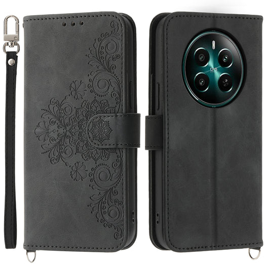 For Realme 12 / Narzo 70 Pro 5G Case Card Slots Wallet PU Leather Cover Flower Pattern with Shoulder Strap - Black