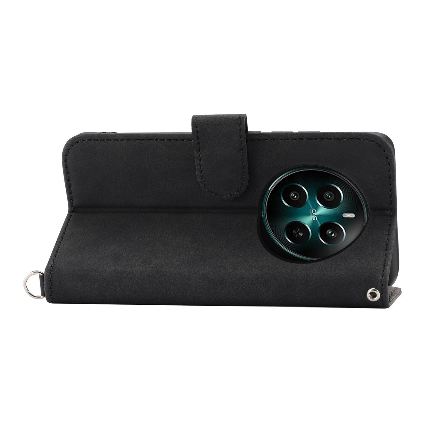 For Realme 12 / Narzo 70 Pro 5G Case Card Slots Wallet PU Leather Cover Flower Pattern with Shoulder Strap - Black