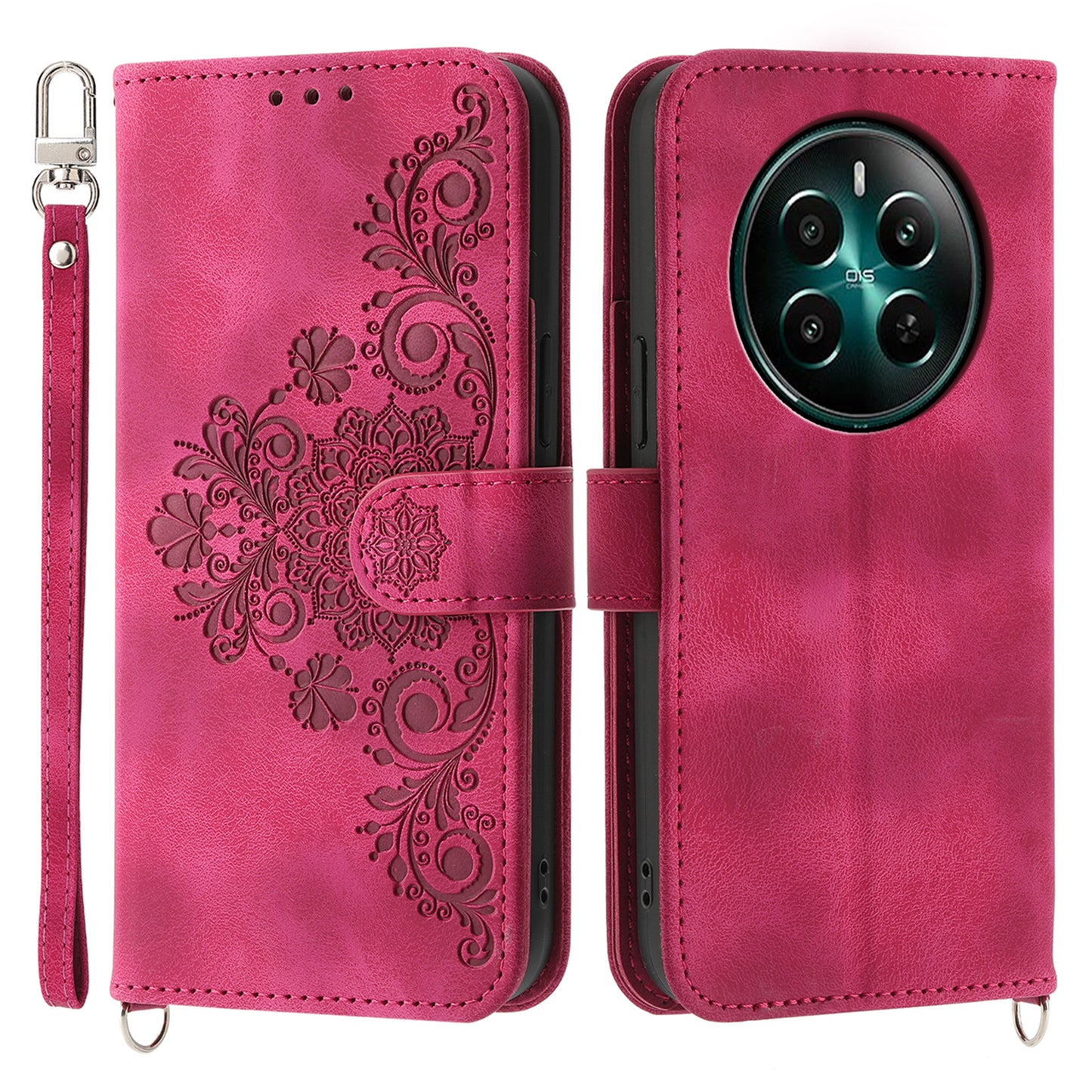 For Realme 12 / Narzo 70 Pro 5G Case Card Slots Wallet PU Leather Cover Flower Pattern with Shoulder Strap - Wine Red