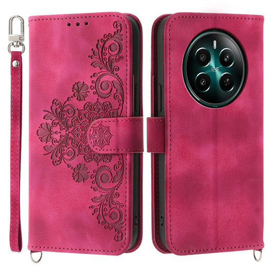 For Realme 12 / Narzo 70 Pro 5G Case Card Slots Wallet PU Leather Cover Flower Pattern with Shoulder Strap - Wine Red