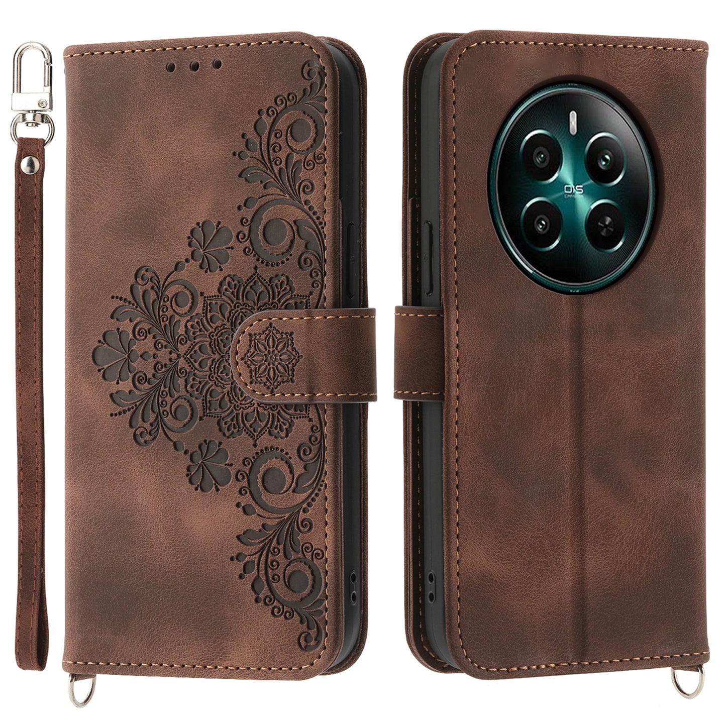 For Realme 12 / Narzo 70 Pro 5G Case Card Slots Wallet PU Leather Cover Flower Pattern with Shoulder Strap - Brown