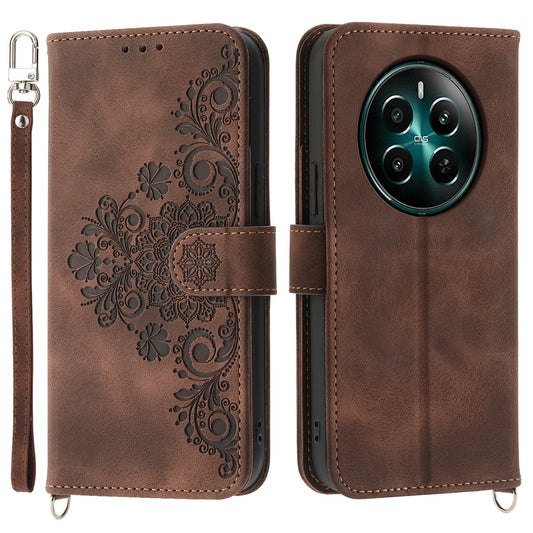 For Realme 12 / Narzo 70 Pro 5G Case Card Slots Wallet PU Leather Cover Flower Pattern with Shoulder Strap - Brown