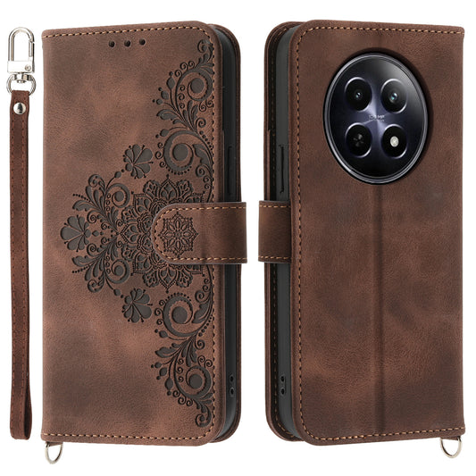 For Realme 12 / 12x 5G Wallet Phone Case Flower Imprinted PU Leather Cover Wholesale Cell Phone Accessories - Brown