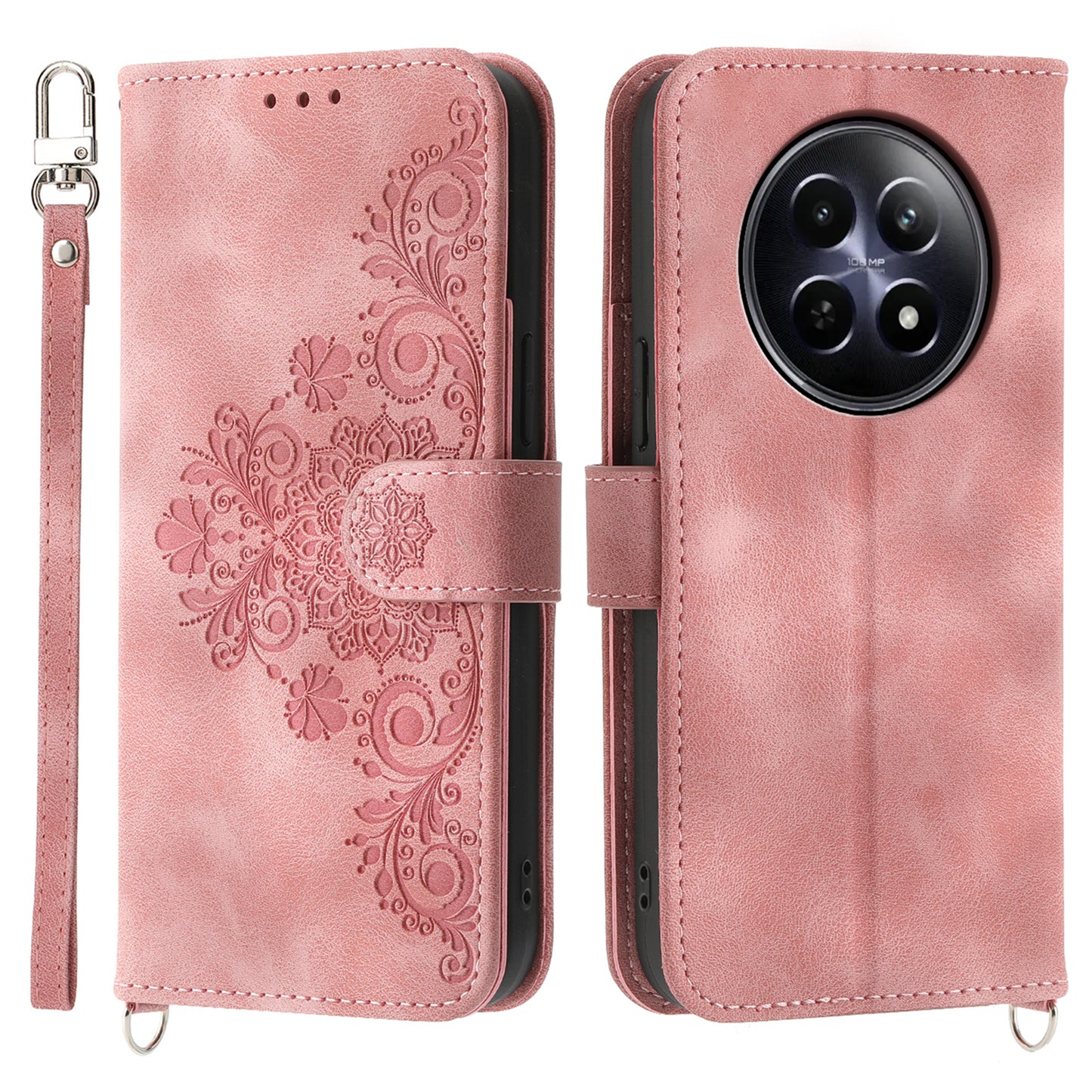 For Realme 12 / 12x 5G Wallet Phone Case Flower Imprinted PU Leather Cover Wholesale Cell Phone Accessories - Pink