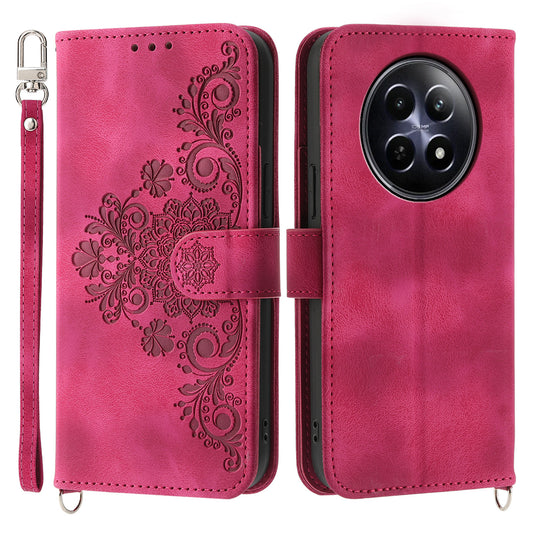 For Realme 12 / 12x 5G Wallet Phone Case Flower Imprinted PU Leather Cover Wholesale Cell Phone Accessories - Wine Red