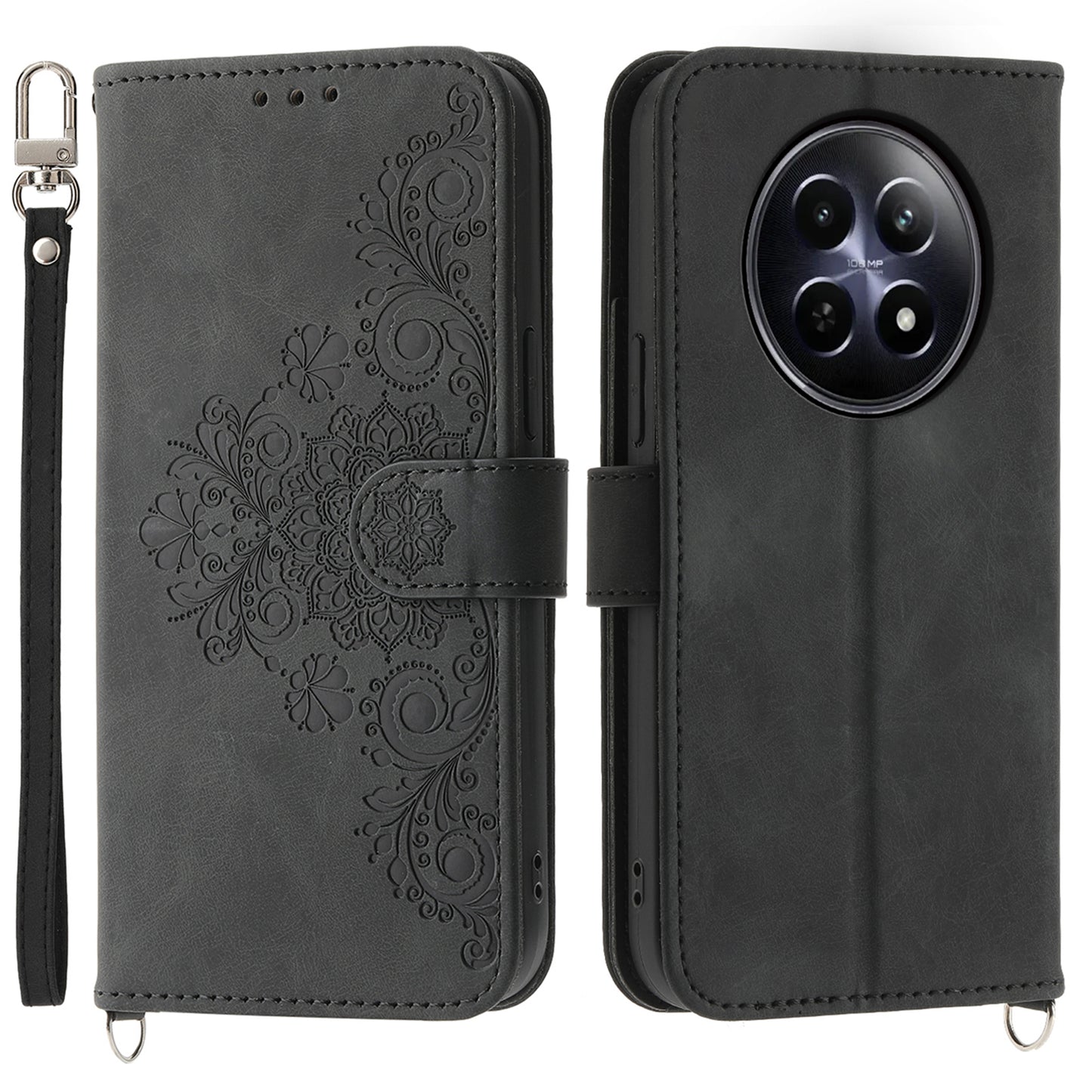 For Realme 12 / 12x 5G Wallet Phone Case Flower Imprinted PU Leather Cover Wholesale Cell Phone Accessories - Black