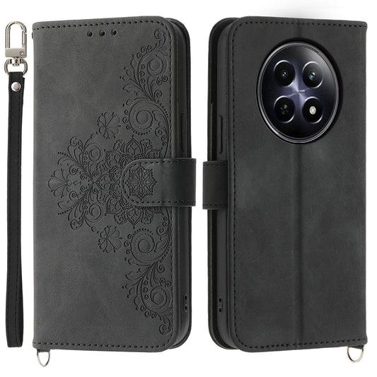 For Realme 12 / 12x 5G Wallet Phone Case Flower Imprinted PU Leather Cover Wholesale Cell Phone Accessories - Black