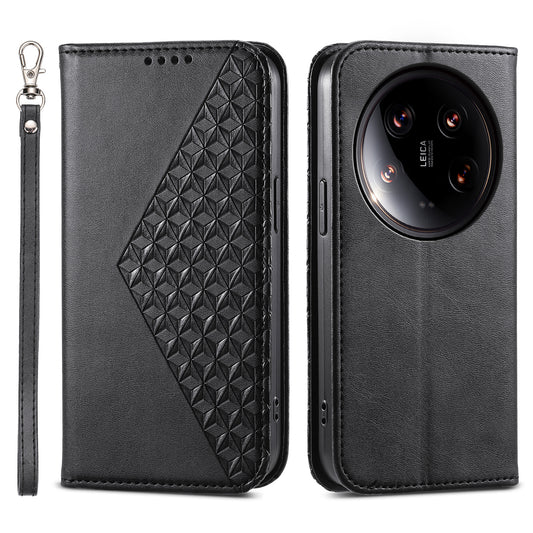 For Xiaomi 14 Ultra Case PU Leather Rhombus Imprinted Pattern Wallet Phone Cover - Black