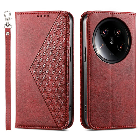 For Xiaomi 14 Ultra Case PU Leather Rhombus Imprinted Pattern Wallet Phone Cover - Red