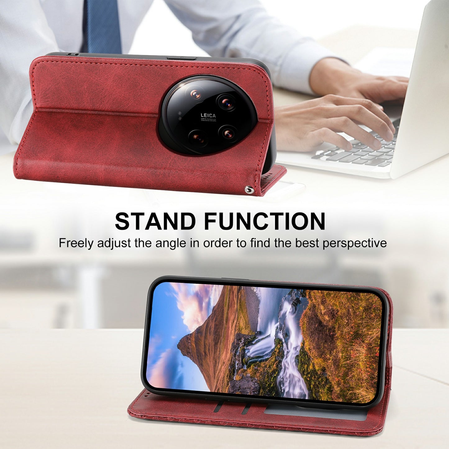 For Xiaomi 14 Ultra Case PU Leather Rhombus Imprinted Pattern Wallet Phone Cover - Red