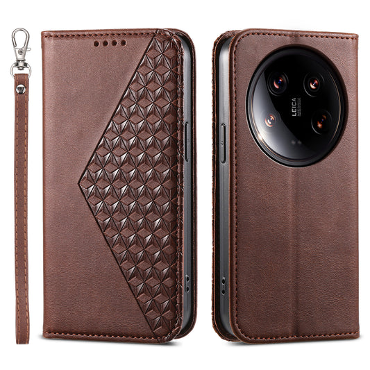 For Xiaomi 14 Ultra Case PU Leather Rhombus Imprinted Pattern Wallet Phone Cover - Brown