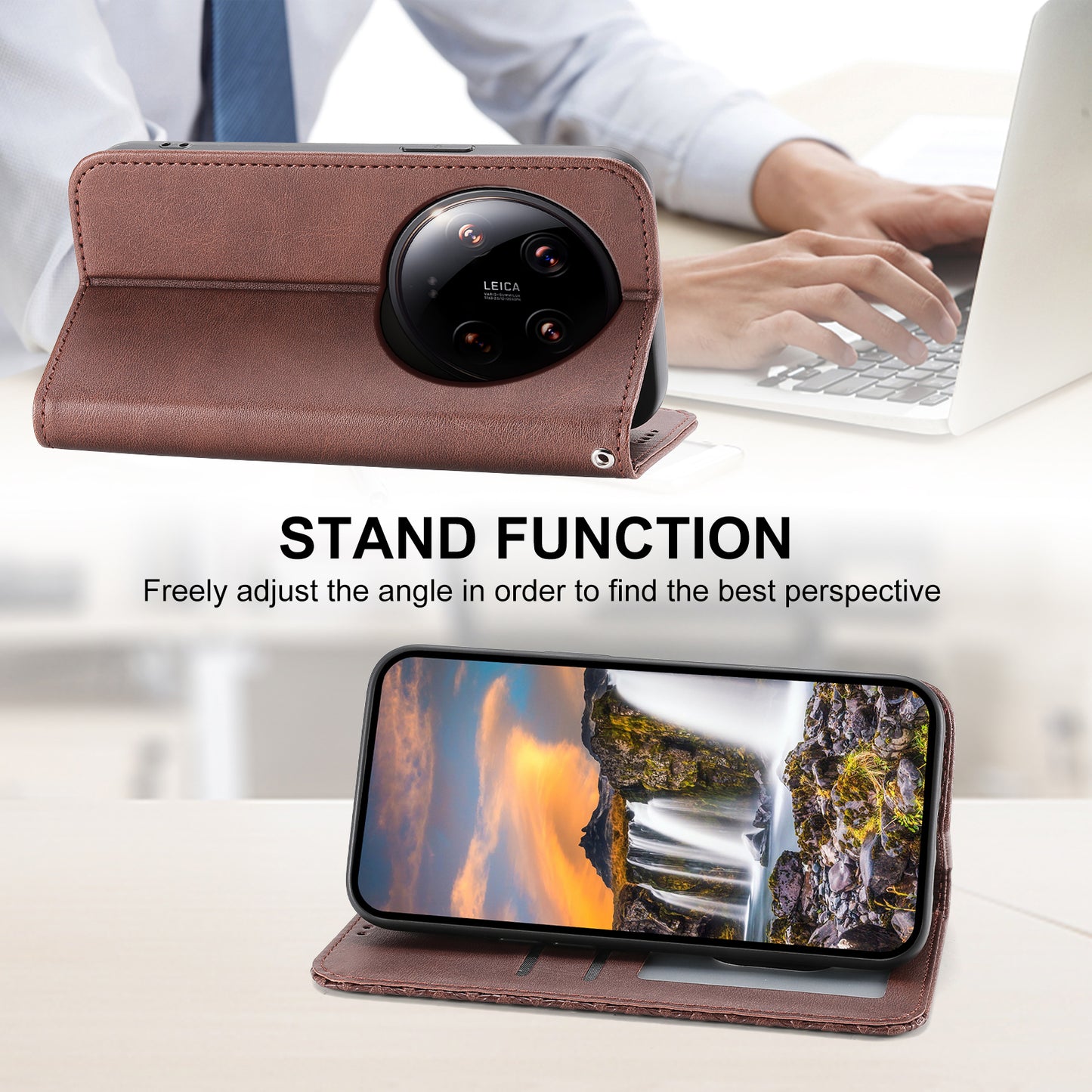 For Xiaomi 14 Ultra Case PU Leather Rhombus Imprinted Pattern Wallet Phone Cover - Brown