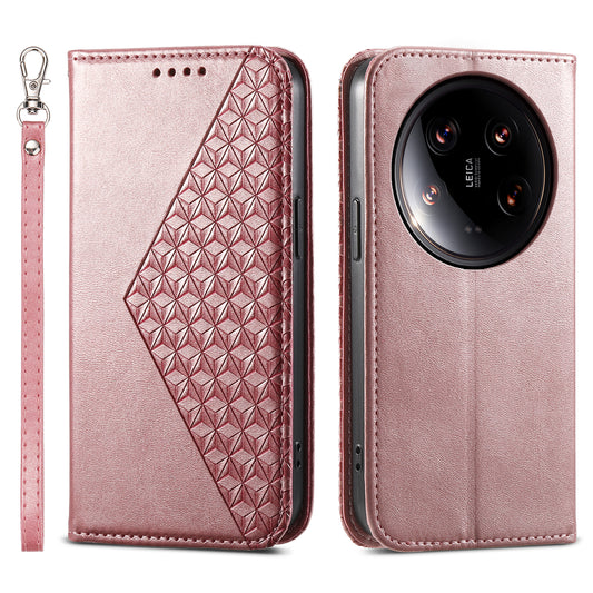 For Xiaomi 14 Ultra Case PU Leather Rhombus Imprinted Pattern Wallet Phone Cover - Rose Gold