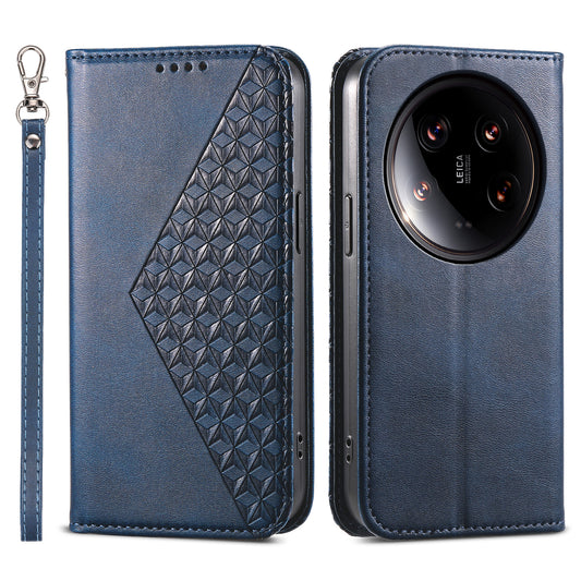 For Xiaomi 14 Ultra Case PU Leather Rhombus Imprinted Pattern Wallet Phone Cover - Blue