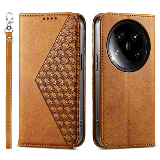 For Xiaomi 14 Ultra Case PU Leather Rhombus Imprinted Pattern Wallet Phone Cover - Yellow