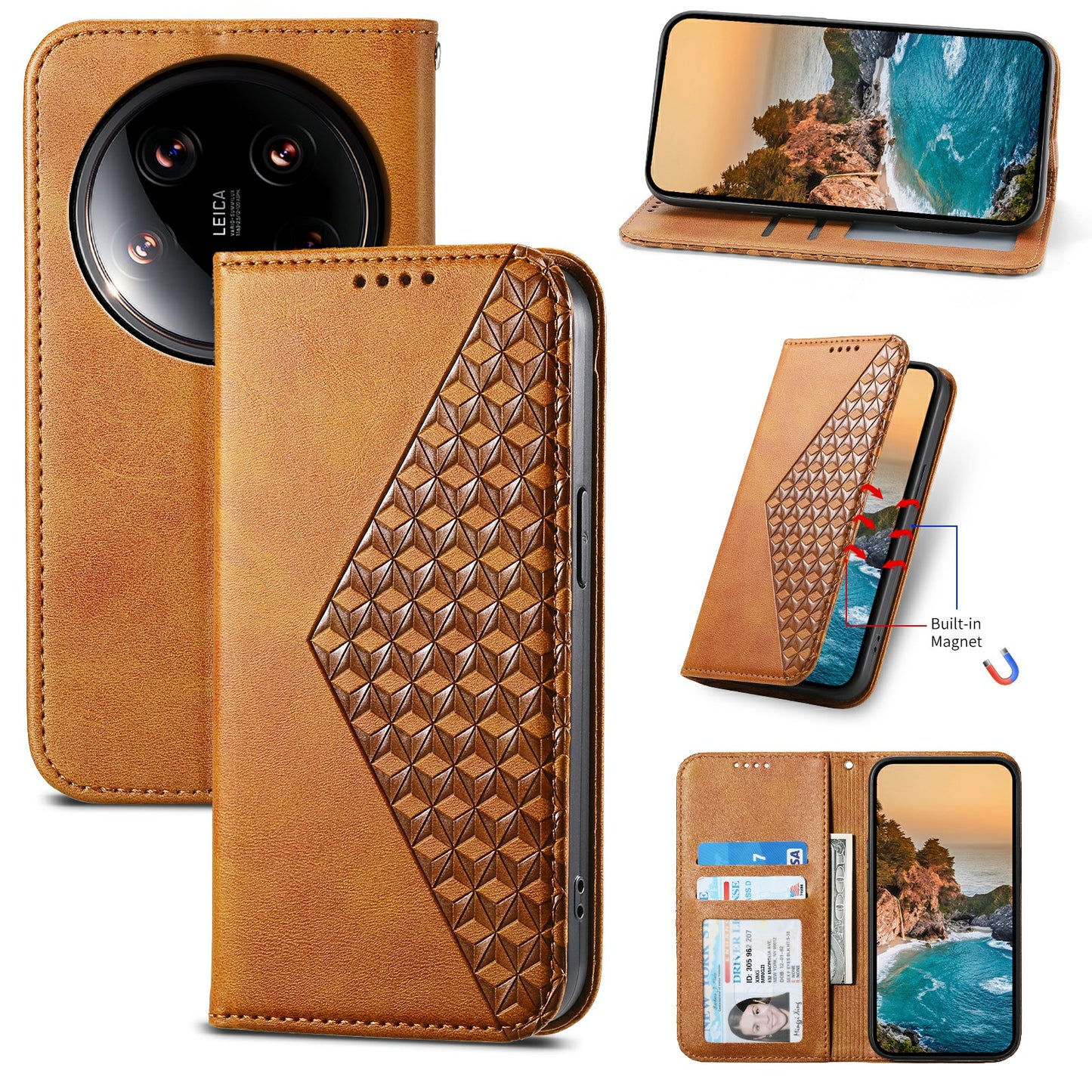 For Xiaomi 14 Ultra Case PU Leather Rhombus Imprinted Pattern Wallet Phone Cover - Yellow