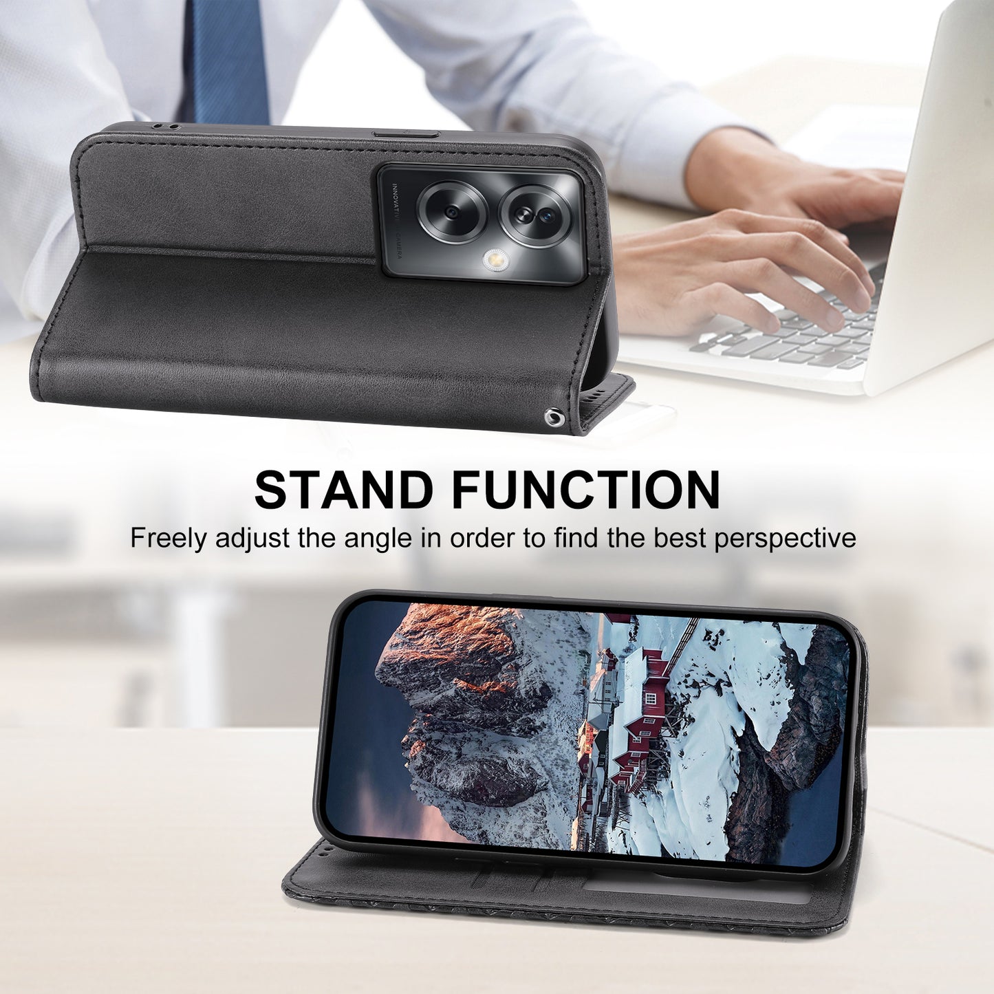For Oppo A2 5G Case PU Leather Rhombus Imprinted Pattern Wallet Phone Cover - Black