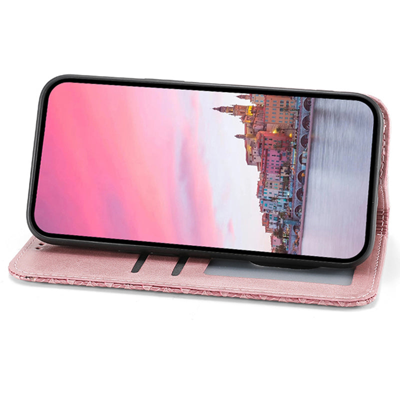 For Oppo A2 5G Case PU Leather Rhombus Imprinted Pattern Wallet Phone Cover - Rose Gold