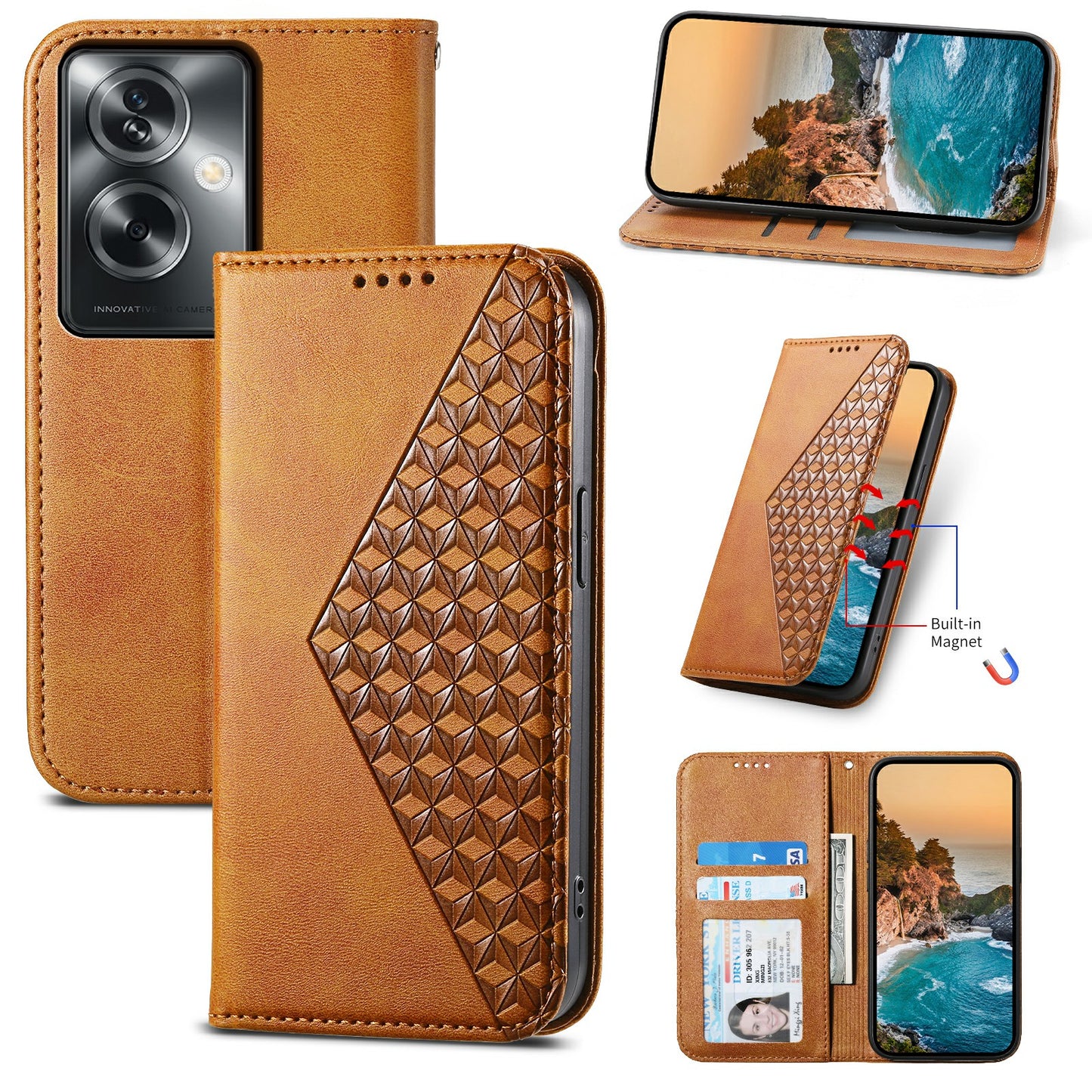 For Oppo A2 5G Case PU Leather Rhombus Imprinted Pattern Wallet Phone Cover - Yellow