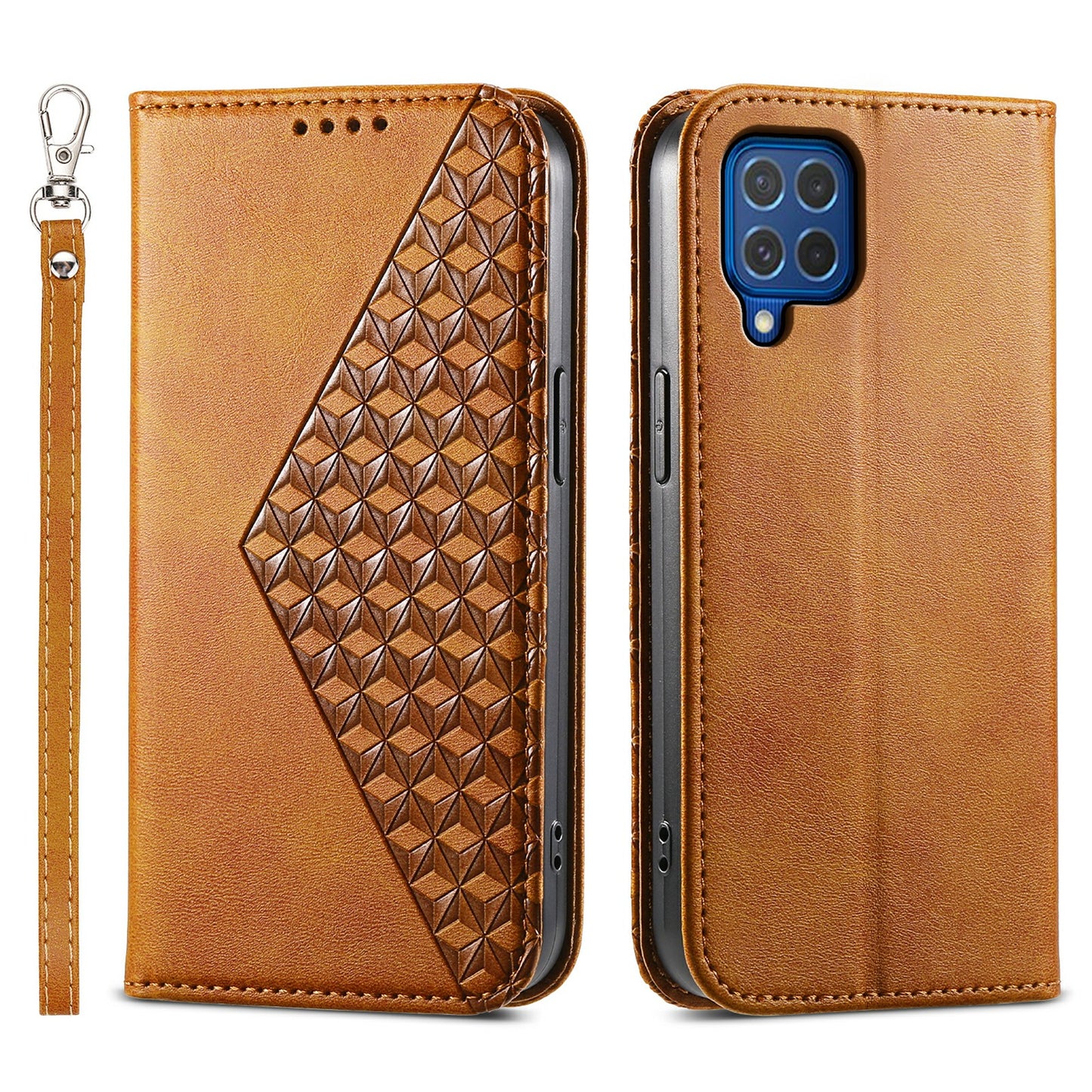 For Samsung Galaxy M62 Wallet Phone Case Rhombus Imprinted Pattern PU Leather Flip Cover - Yellow