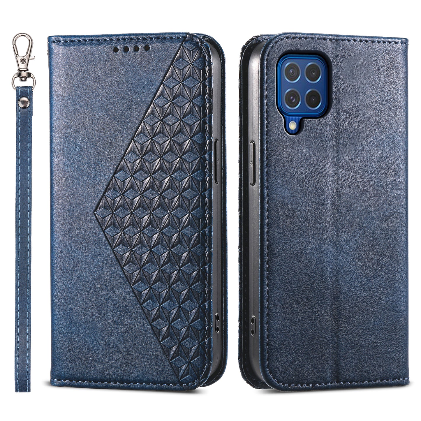 For Samsung Galaxy M62 Wallet Phone Case Rhombus Imprinted Pattern PU Leather Flip Cover - Blue