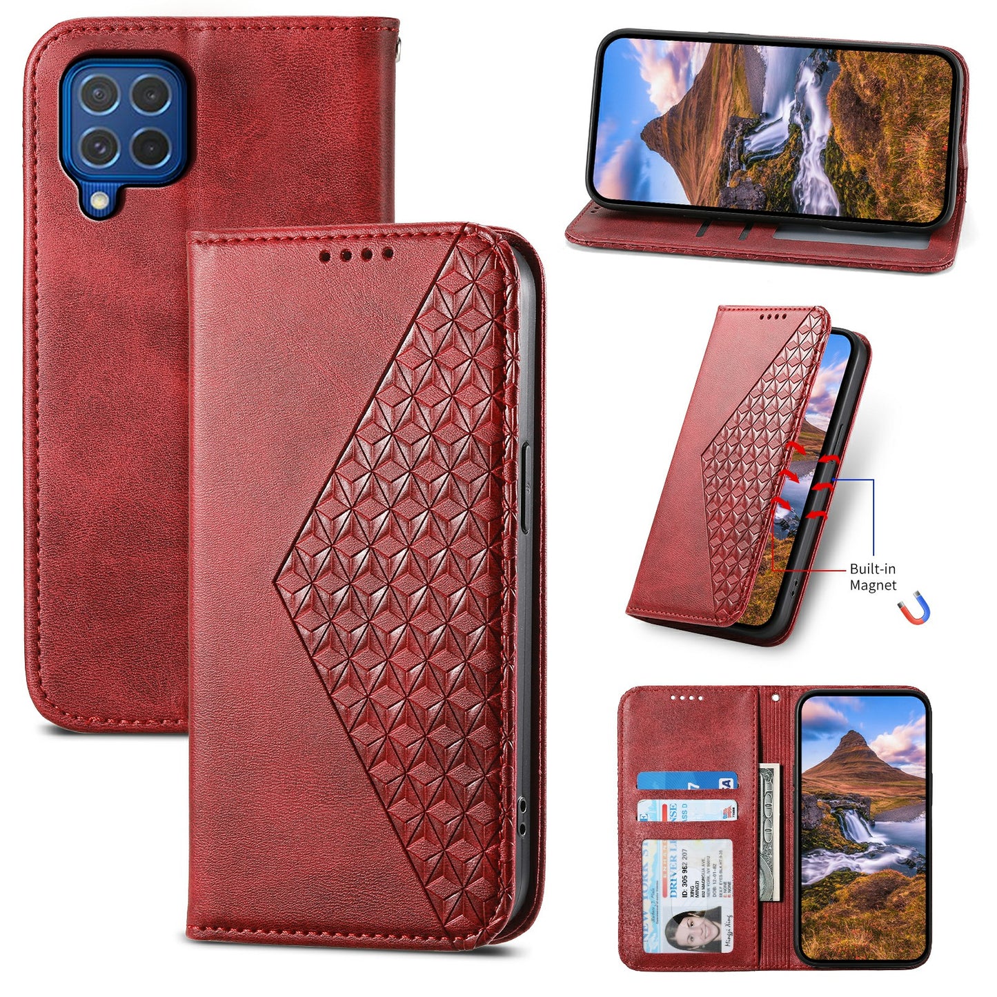 For Samsung Galaxy M62 Wallet Phone Case Rhombus Imprinted Pattern PU Leather Flip Cover - Red