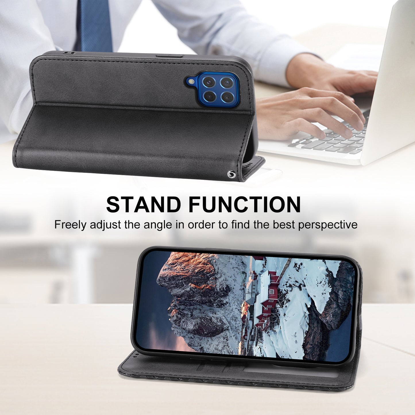 For Samsung Galaxy M62 Wallet Phone Case Rhombus Imprinted Pattern PU Leather Flip Cover - Black