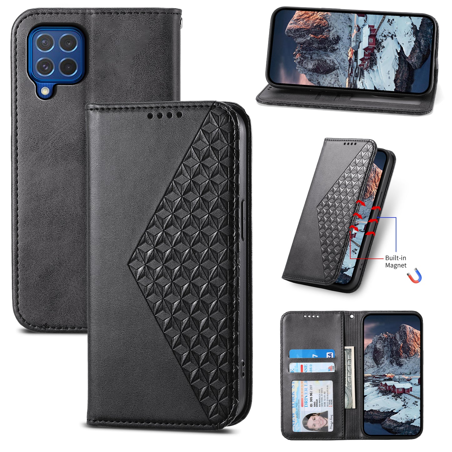 For Samsung Galaxy M62 Wallet Phone Case Rhombus Imprinted Pattern PU Leather Flip Cover - Black