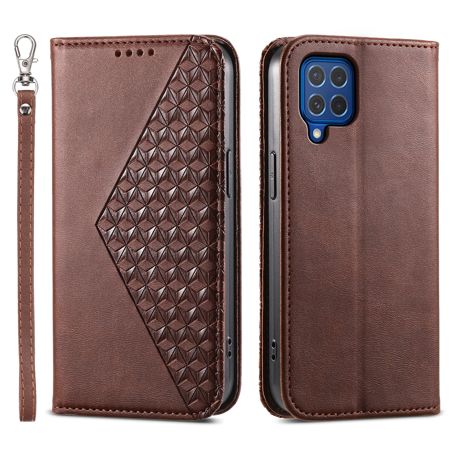 For Samsung Galaxy M62 Wallet Phone Case Rhombus Imprinted Pattern PU Leather Flip Cover - Brown
