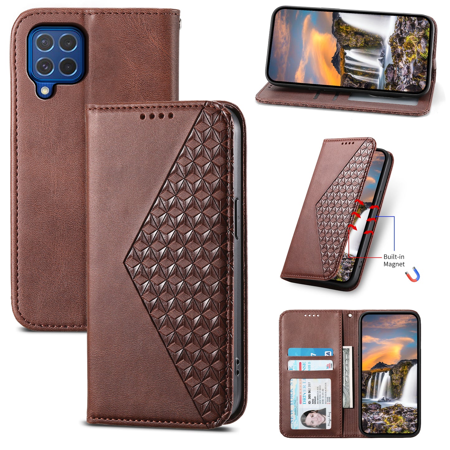 For Samsung Galaxy M62 Wallet Phone Case Rhombus Imprinted Pattern PU Leather Flip Cover - Brown