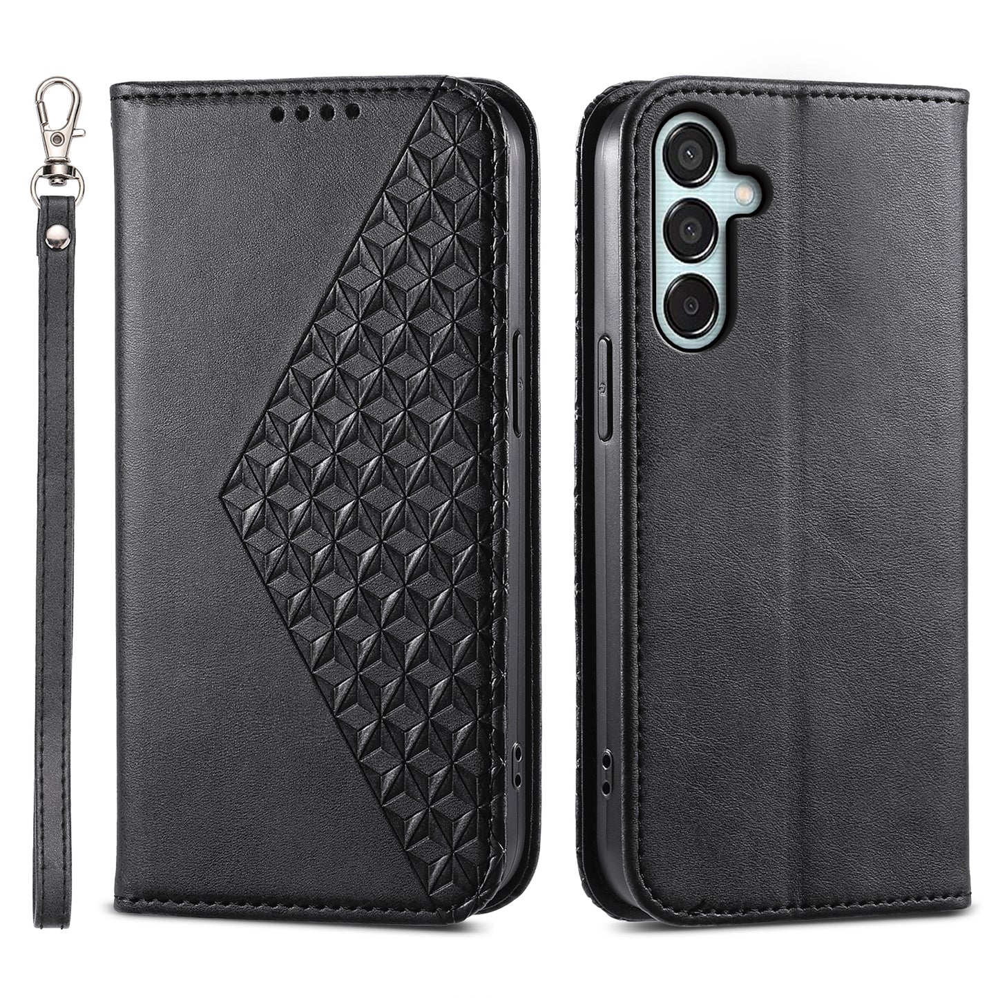 For Samsung Galaxy M15 5G / F15 5G Wholesale Phone Case PU Leather Rhombus Imprinted Pattern Wallet Cover - Black