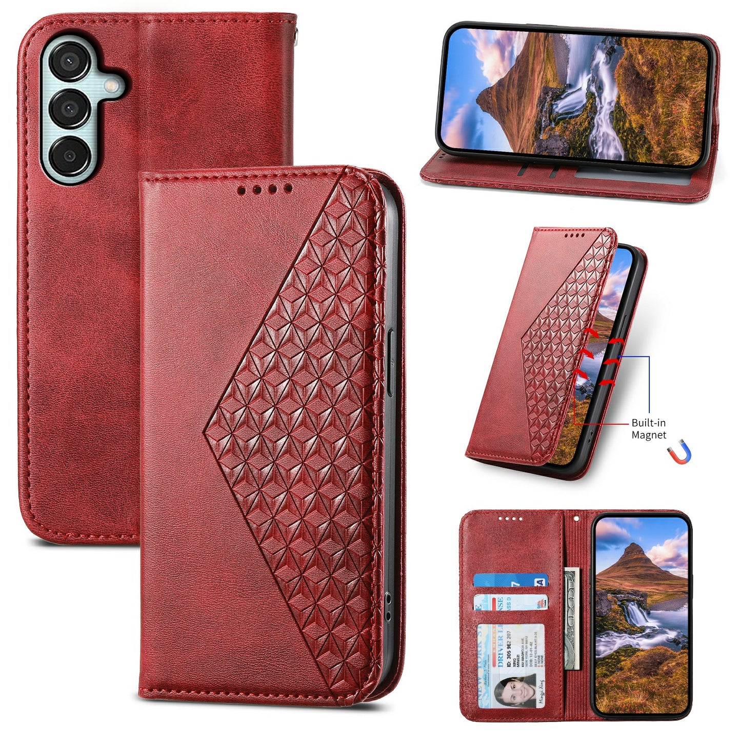For Samsung Galaxy M15 5G / F15 5G Wholesale Phone Case PU Leather Rhombus Imprinted Pattern Wallet Cover - Red