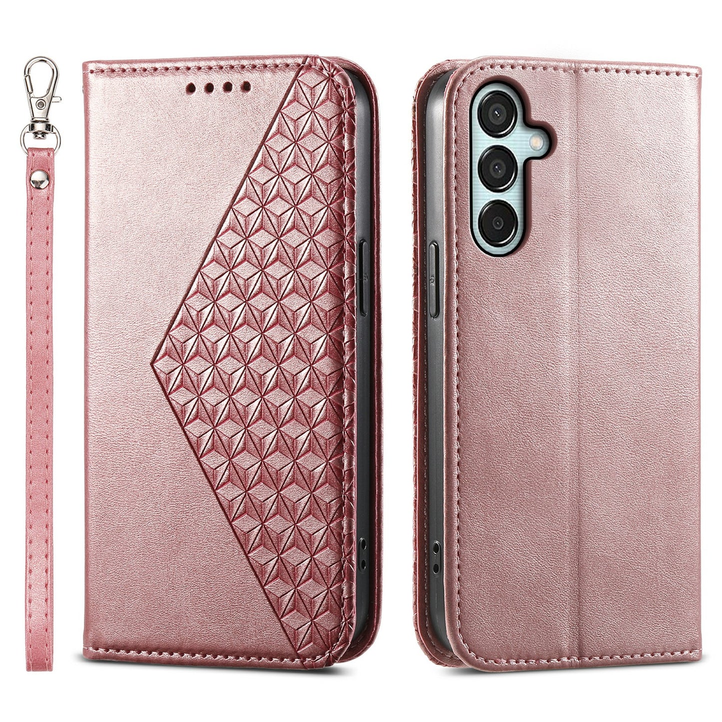 For Samsung Galaxy M15 5G / F15 5G Wholesale Phone Case PU Leather Rhombus Imprinted Pattern Wallet Cover - Rose Gold