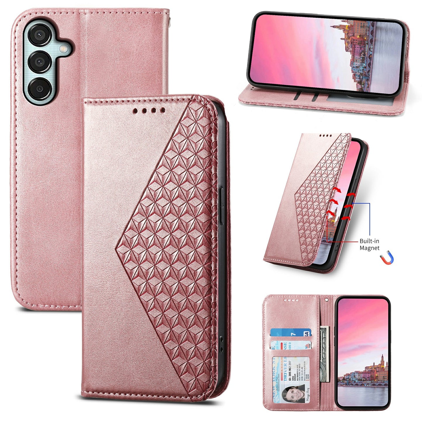For Samsung Galaxy M15 5G / F15 5G Wholesale Phone Case PU Leather Rhombus Imprinted Pattern Wallet Cover - Rose Gold