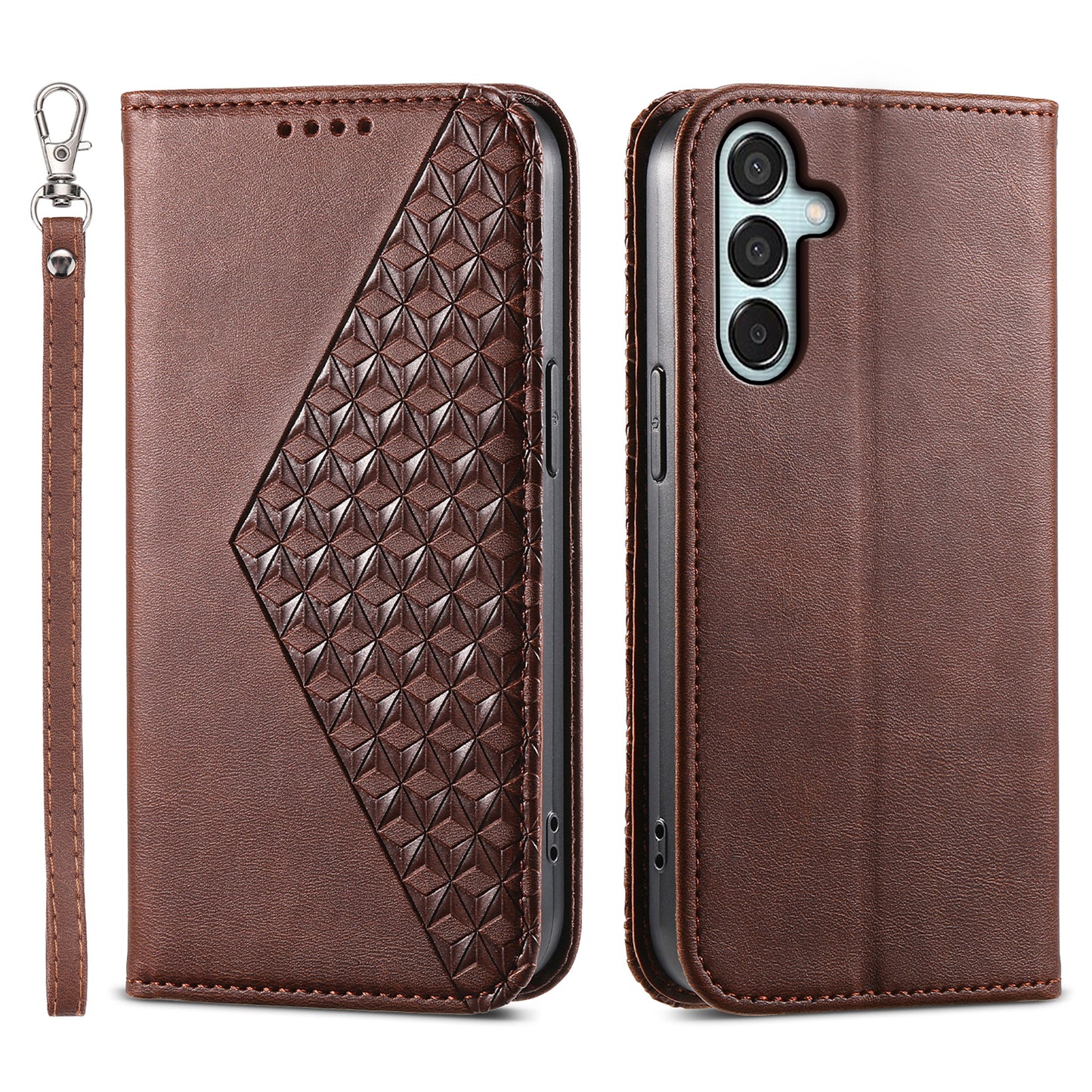 For Samsung Galaxy M15 5G / F15 5G Wholesale Phone Case PU Leather Rhombus Imprinted Pattern Wallet Cover - Brown