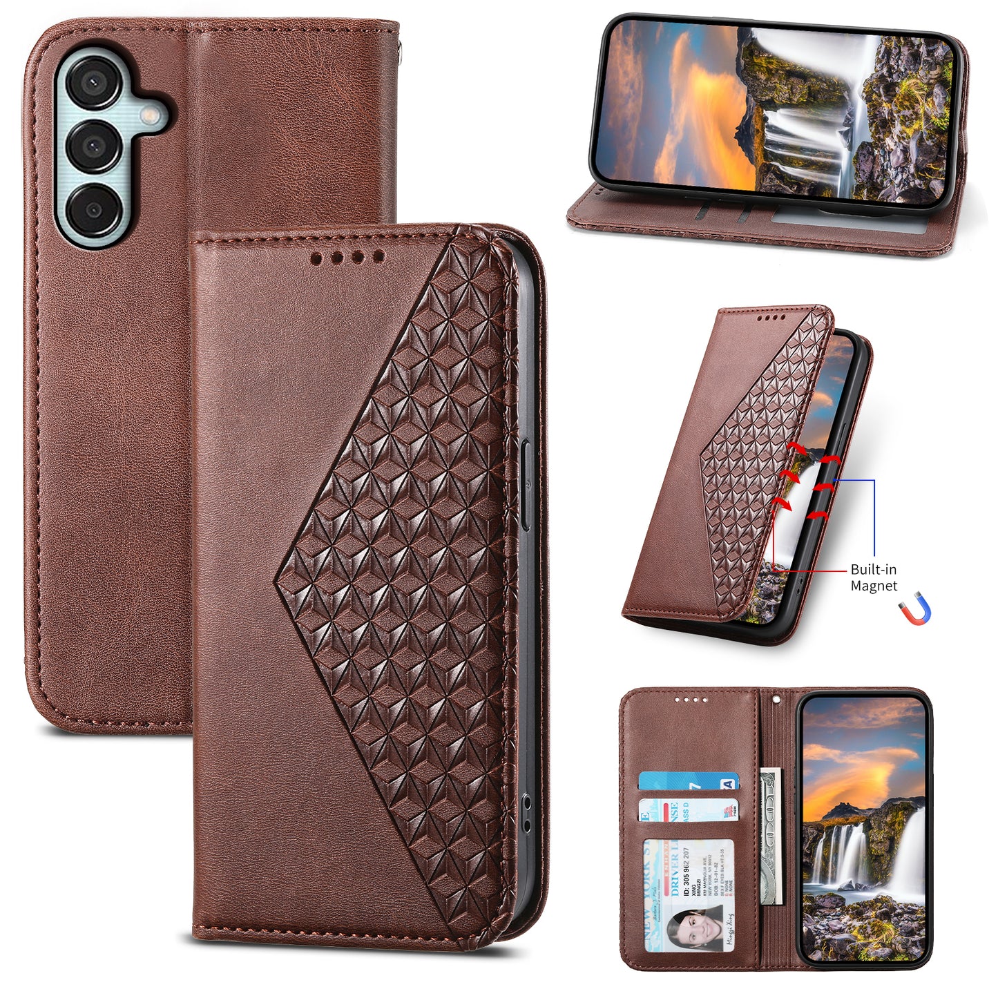 For Samsung Galaxy M15 5G / F15 5G Wholesale Phone Case PU Leather Rhombus Imprinted Pattern Wallet Cover - Brown