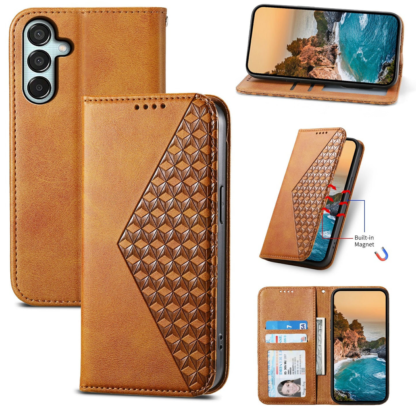 For Samsung Galaxy M15 5G / F15 5G Wholesale Phone Case PU Leather Rhombus Imprinted Pattern Wallet Cover - Yellow