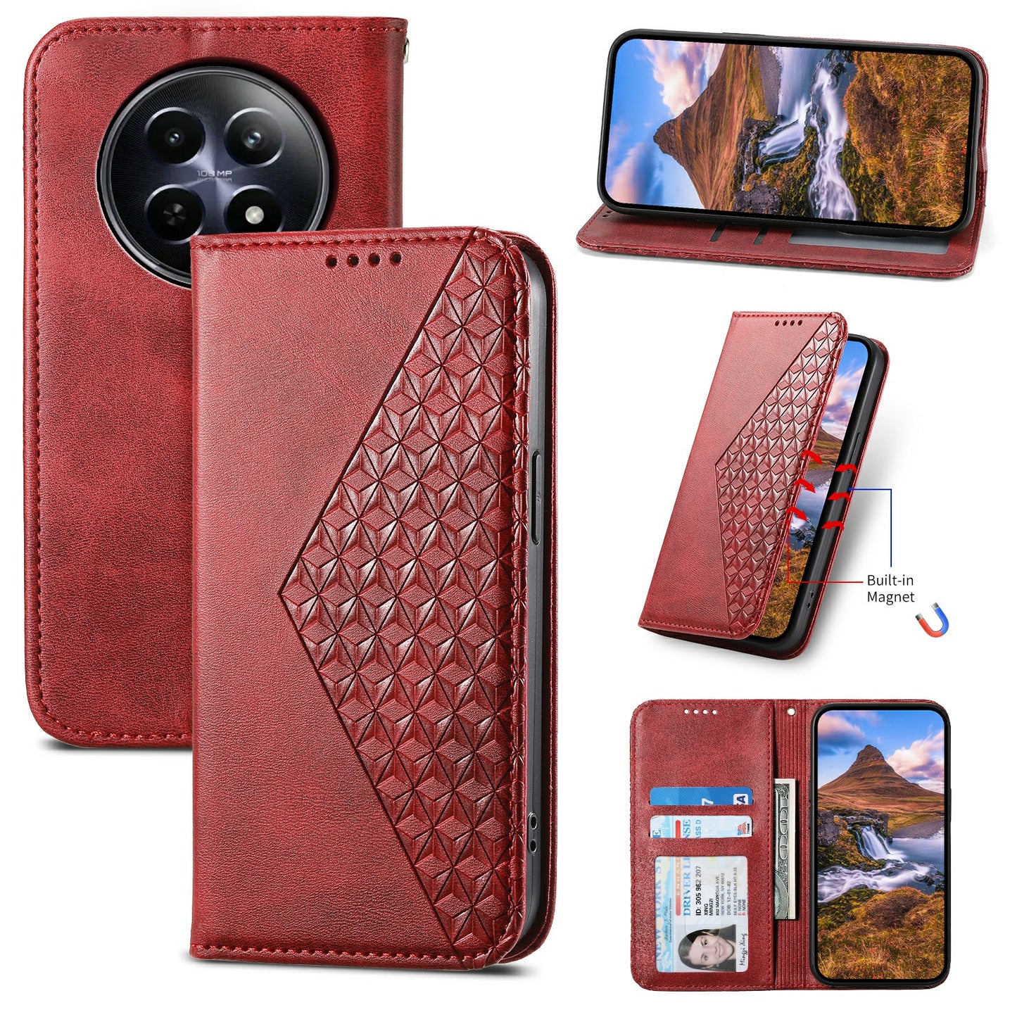 For Realme 12 / 12x 5G Case Rhombus Imprinted Leather Cell Phone Cases Wholesale - Red