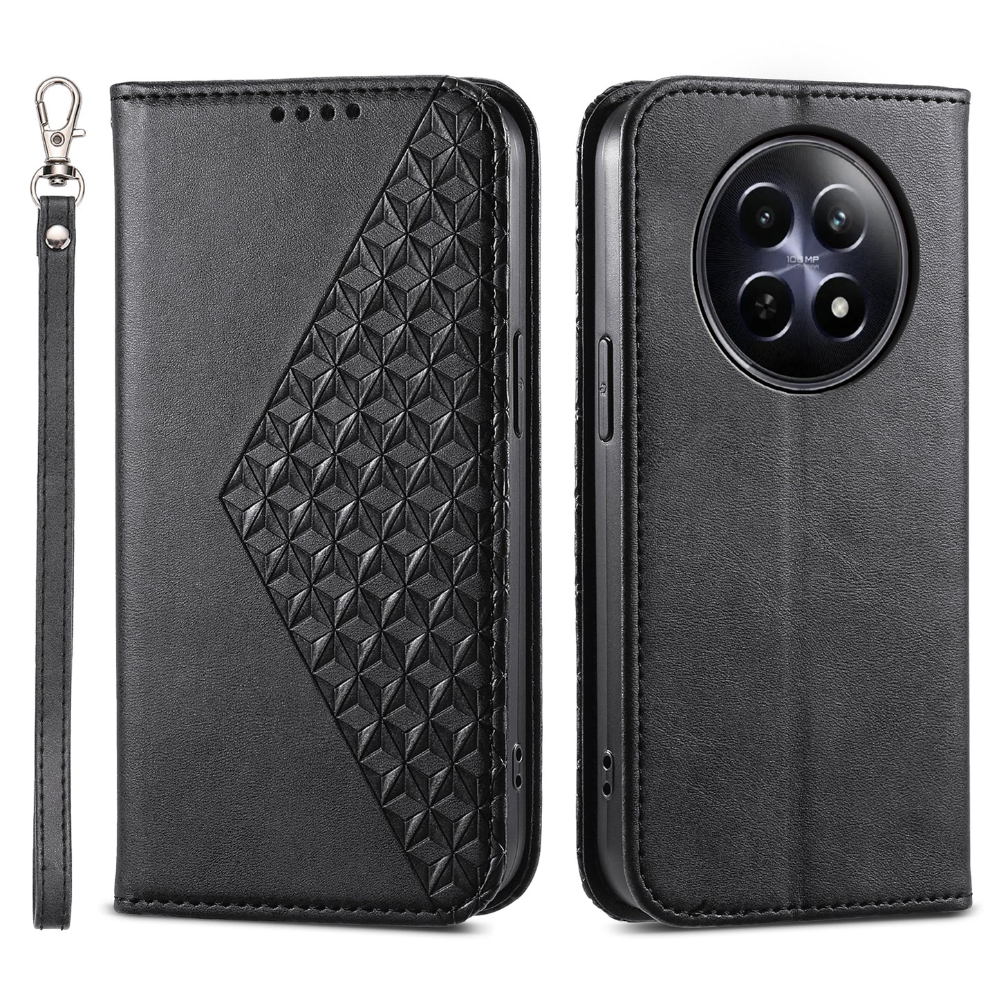 For Realme 12 / 12x 5G Case Rhombus Imprinted Leather Cell Phone Cases Wholesale - Black