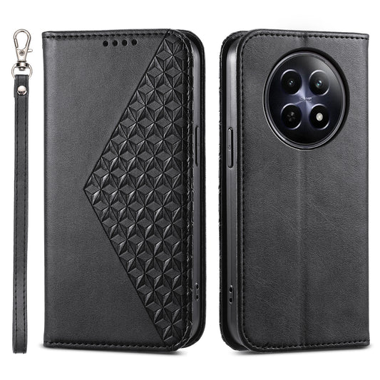 For Realme 12 / 12x 5G Case Rhombus Imprinted Leather Cell Phone Cases Wholesale - Black