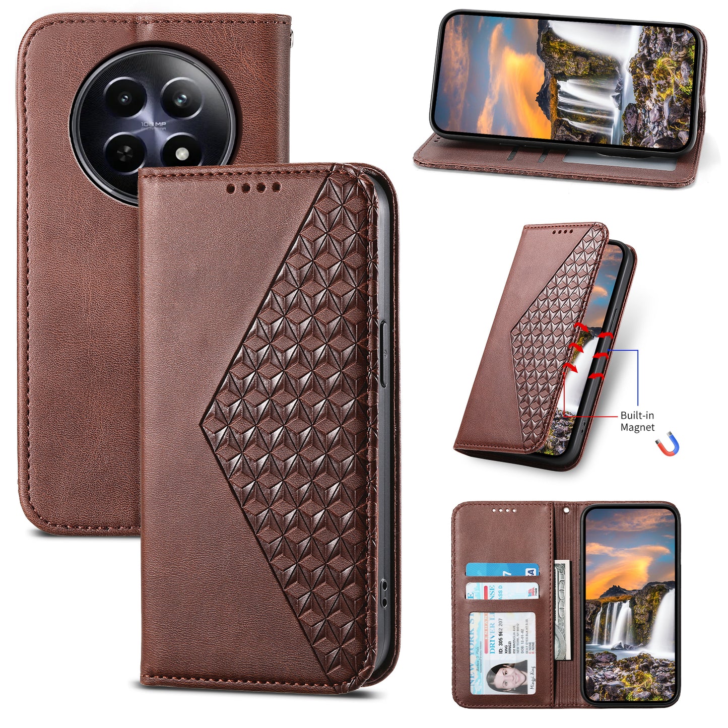 For Realme 12 / 12x 5G Case Rhombus Imprinted Leather Cell Phone Cases Wholesale - Brown