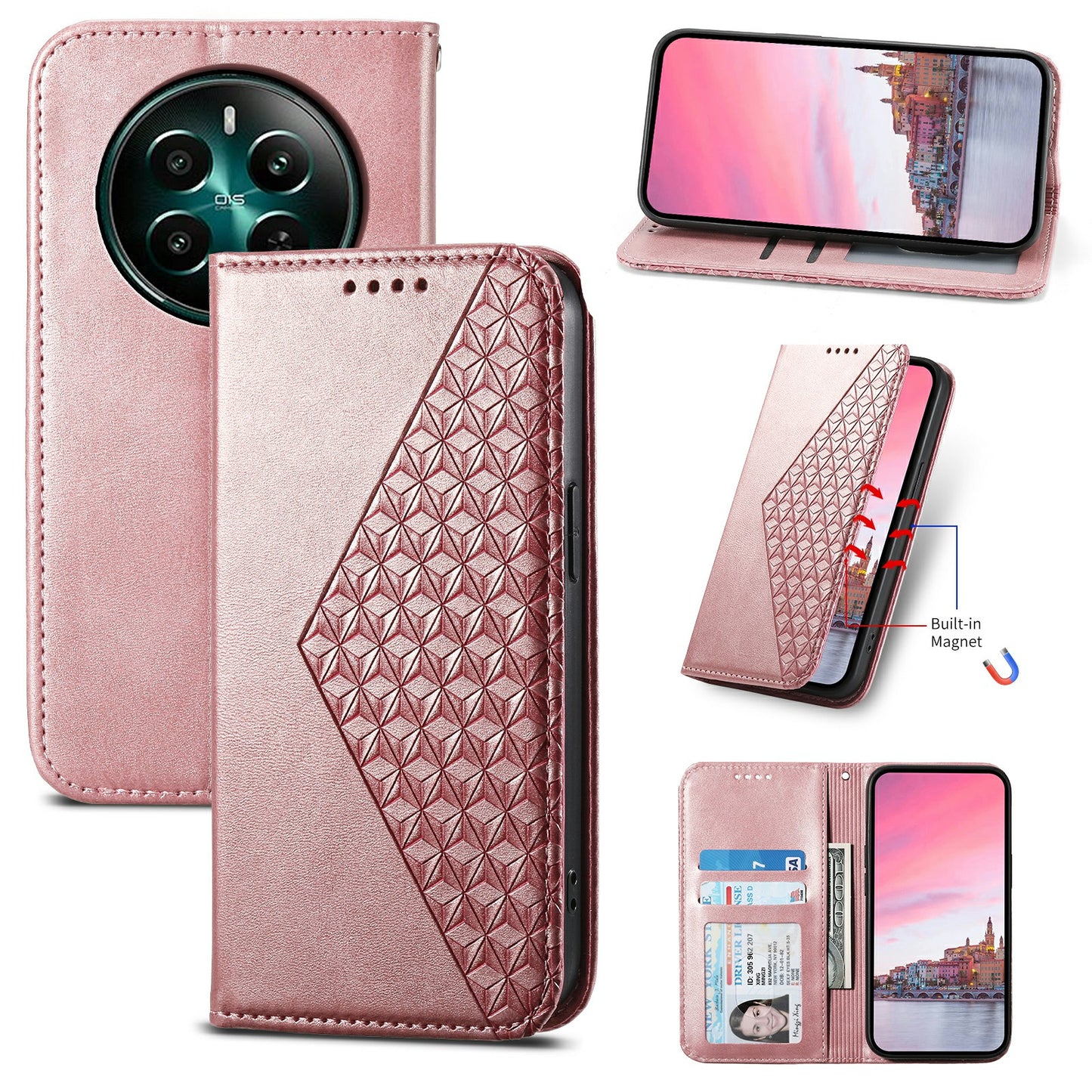 For Realme 12+ 5G / Narzo 70 Pro 5G Wallet Case PU Leather Phone Cover Mobile Accessories Wholesale - Rose Gold
