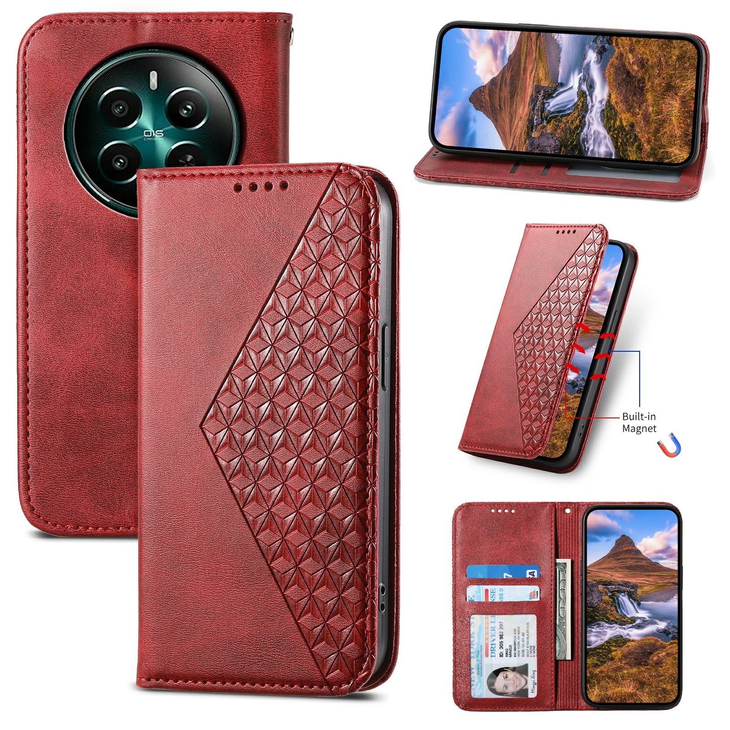For Realme 12+ 5G / Narzo 70 Pro 5G Wallet Case PU Leather Phone Cover Mobile Accessories Wholesale - Red