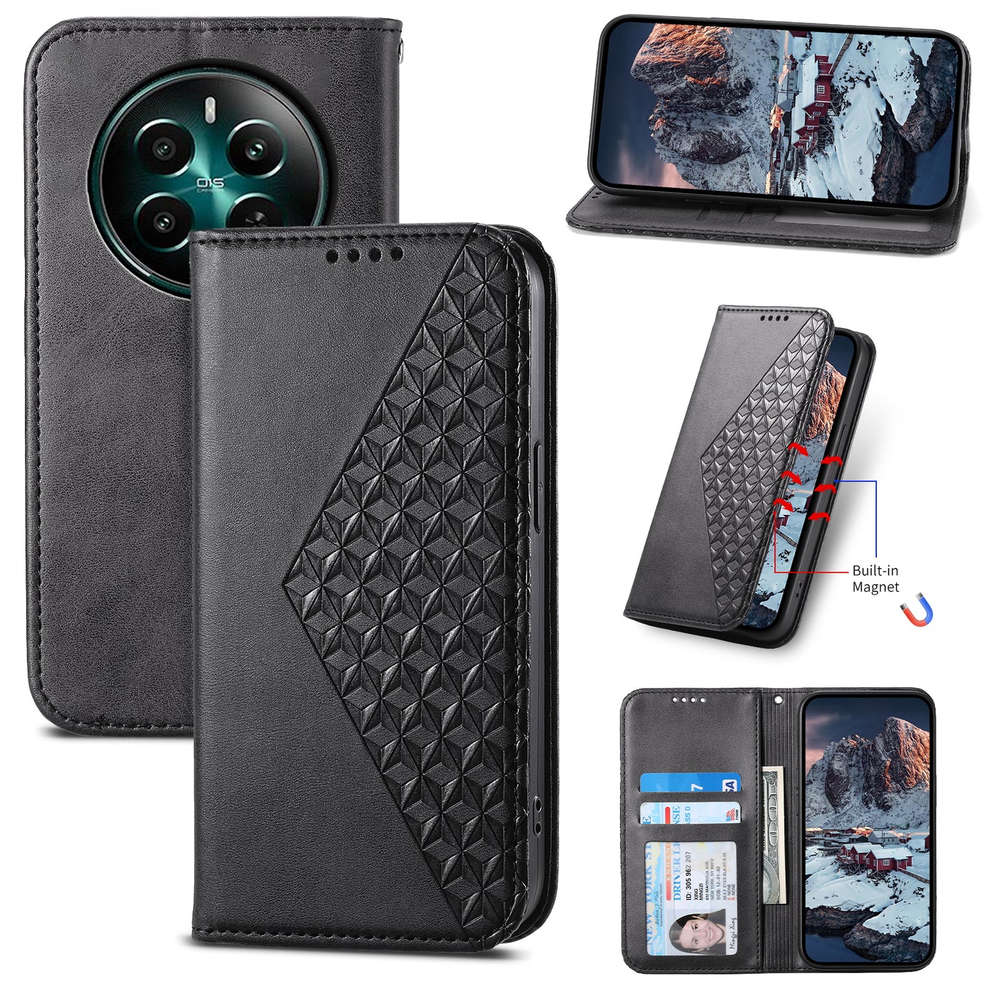 For Realme 12+ 5G / Narzo 70 Pro 5G Wallet Case PU Leather Phone Cover Mobile Accessories Wholesale - Black