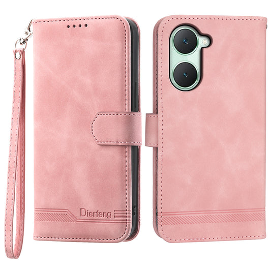 DIERFENG DF-03 Flip Cover for vivo Y03 Shell Lines Imprinted Wallet Stand Mobile Phone Case - Pink