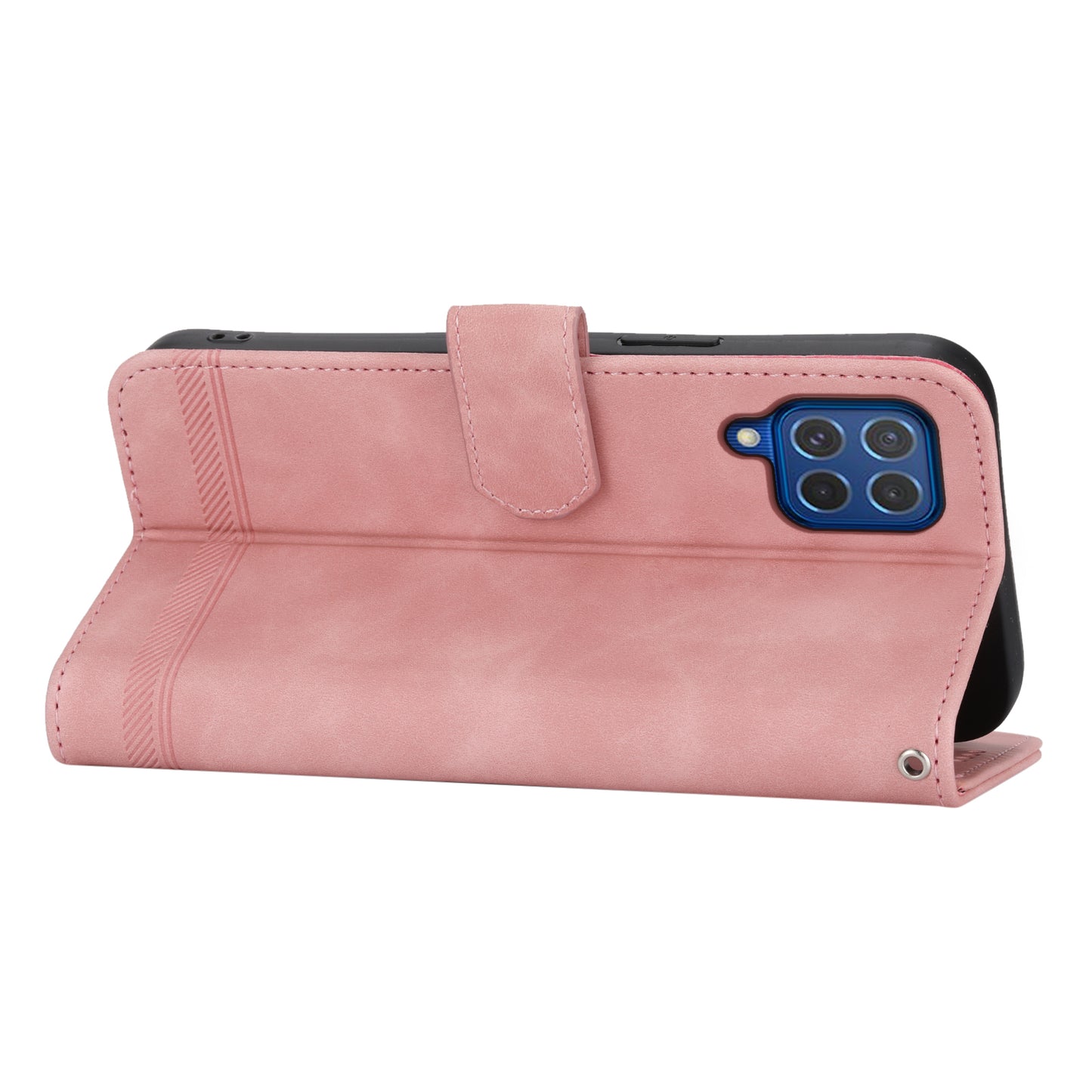 DIERFENG DF-03 Leather Cover for Samsung Galaxy M62 Case Lines Imprinted Wallet Stand Shell - Pink
